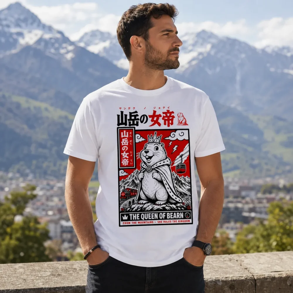 T-shirt homme marmotte reine des montagnes Béarn porté par un homme devant un paysage de montagne.