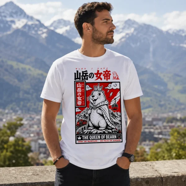 T-shirt homme marmotte reine des montagnes Béarn porté par un homme devant un paysage de montagne.