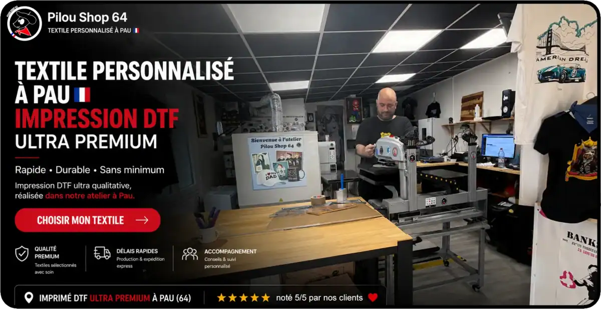 Atelier Pilou Shop 64 à Pau avec impression DTF ultra premium sur textile personnalisé réalisée dans notre atelier des Pyrénées-Atlantiques.