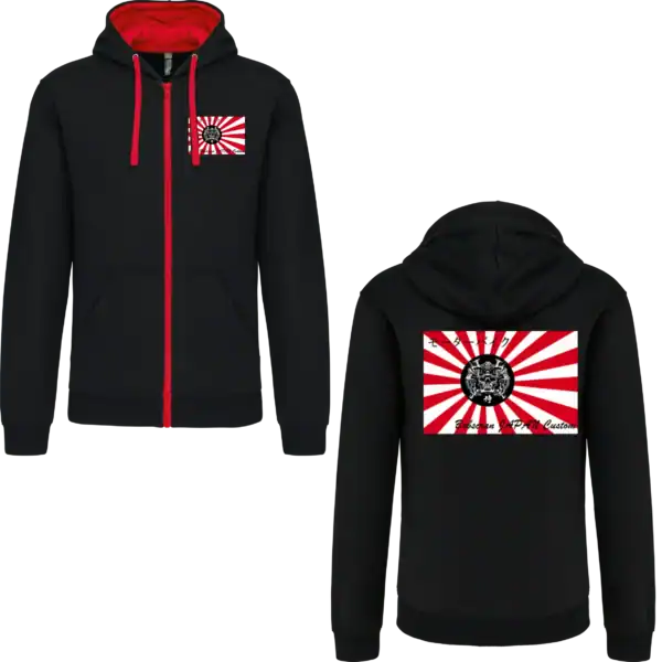 Sweat zippé noir à capuche, détails rouges et motif japonais